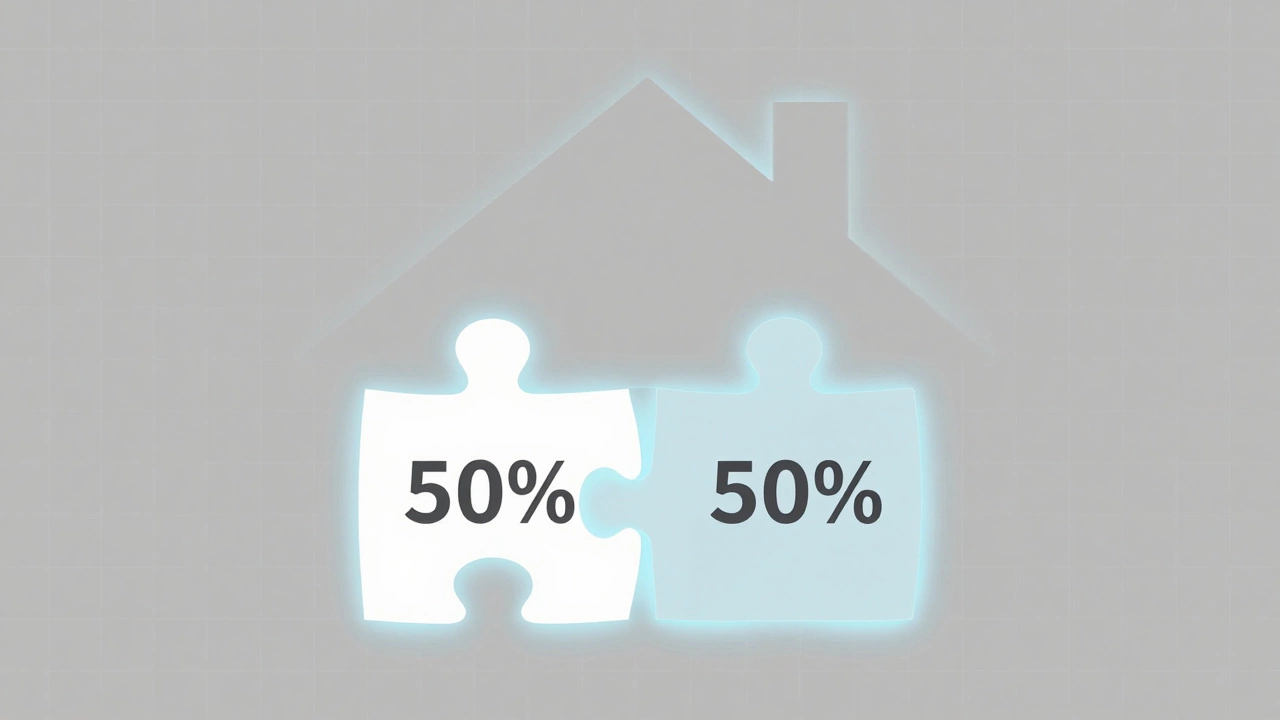 Two equal puzzle pieces forming a house roof, representing joint tenancy equality.